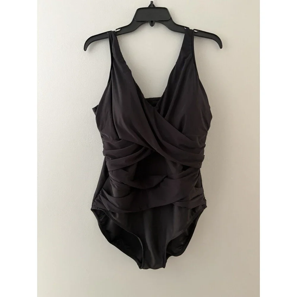 Miraclesuit One Piece Wrap Swimsuit Size 18 Black Ruching Slimming 6502910